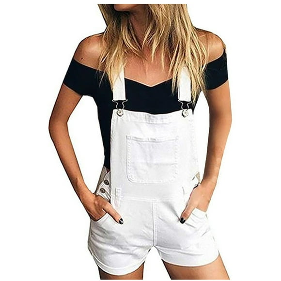 Women's Classic Adjustable Straps Denim Bib Overalls Summer Casual Shorts Loose Fit Romper Jeans Jumpsuits with Pockets