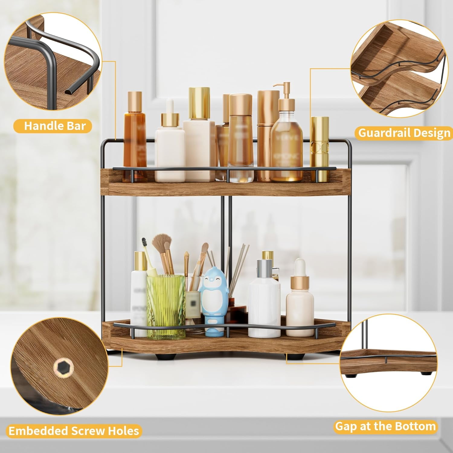 JDNRXO 2-Tier Corner Bathroom Counter Organizer with Embedded Screw Holes, Secure & Stable Wood Vanity Shelf for Makeup and Skincare Essentials - Space Saving Bathroom Countertop Storage