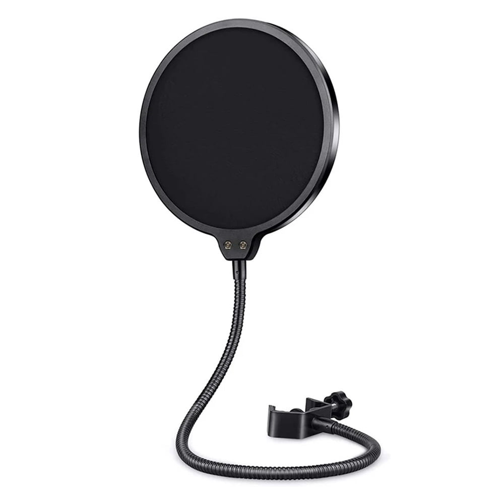 Black Pop Filter with Double-Layer Mesh, 360° Adjustable Gooseneck Arm for Streaming, Recording, Karaoke & Broadcasting
