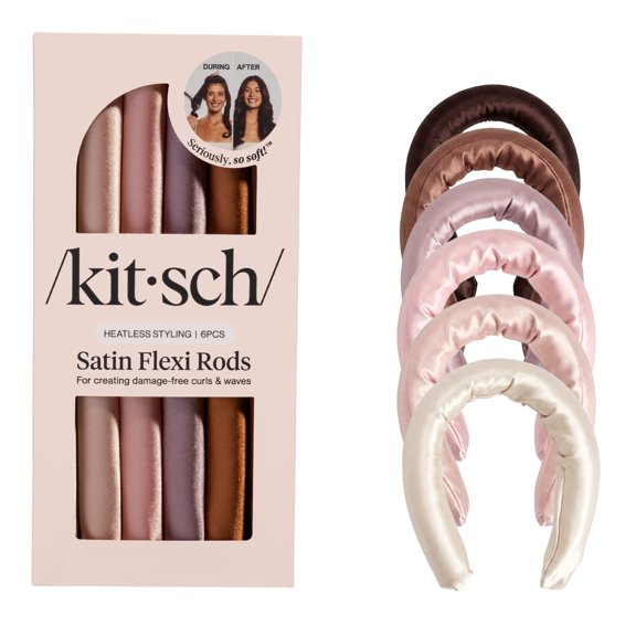 Kitsch Flexi Rods Heatless Hair Curler, Satin Covered Curling Rod, Rosewood 6pcs