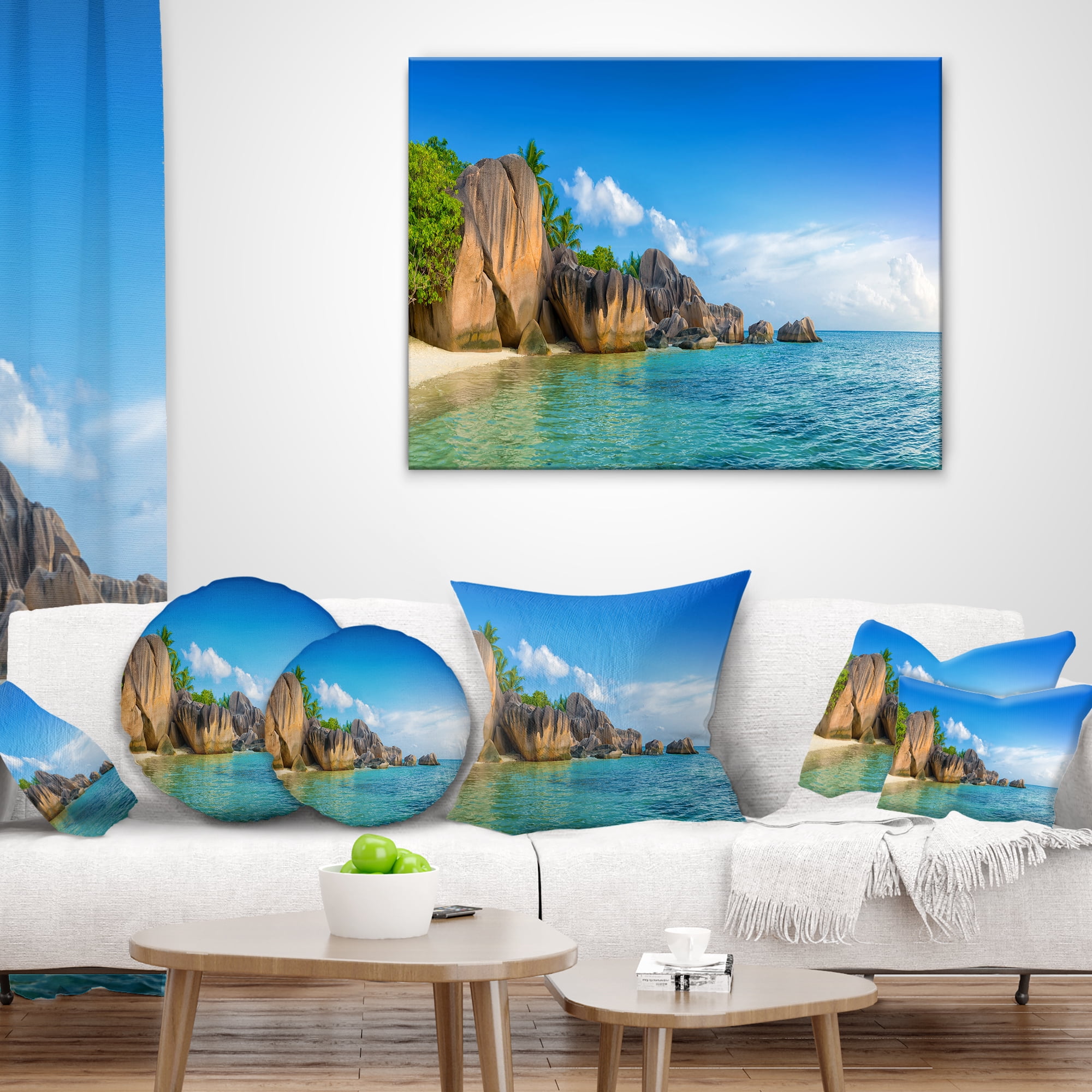 Designart Fantastic Seychelles Seashore - Seascape Throw Pillow - 12x20