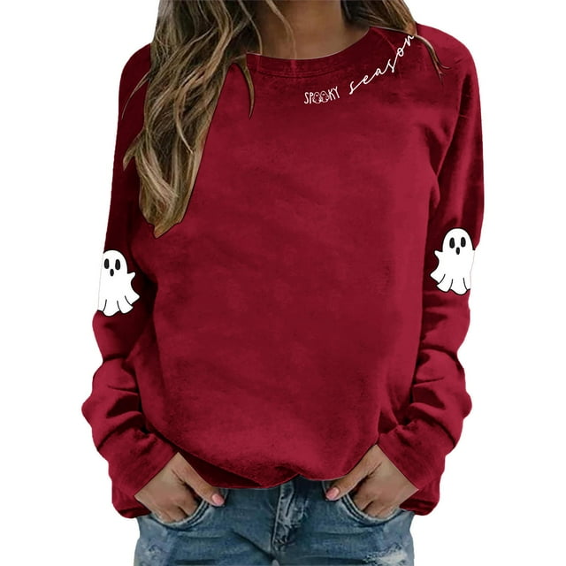 HUITKMM Chandail à Capuche pour Femmes Imprimé Halloween Manches Longues Sans Capuche Mode Automne Décontracté Col Rond Chandail Graphique pour Automne Hiver