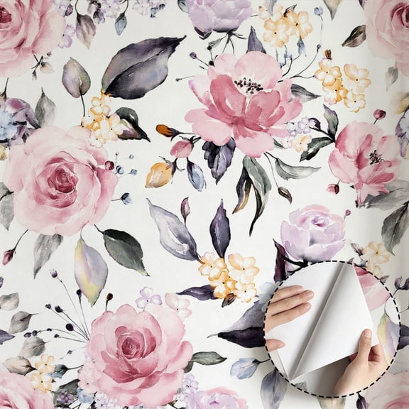 Watercolor Pink Purple Floral Wallpaper Vintage Boho Farmhouse Peel and Stick Waterproof Wallpaper Home Decor for Bedroom Living Room Bathroom Kitchen Cabinet Drawer 17.7 * 78.7 in