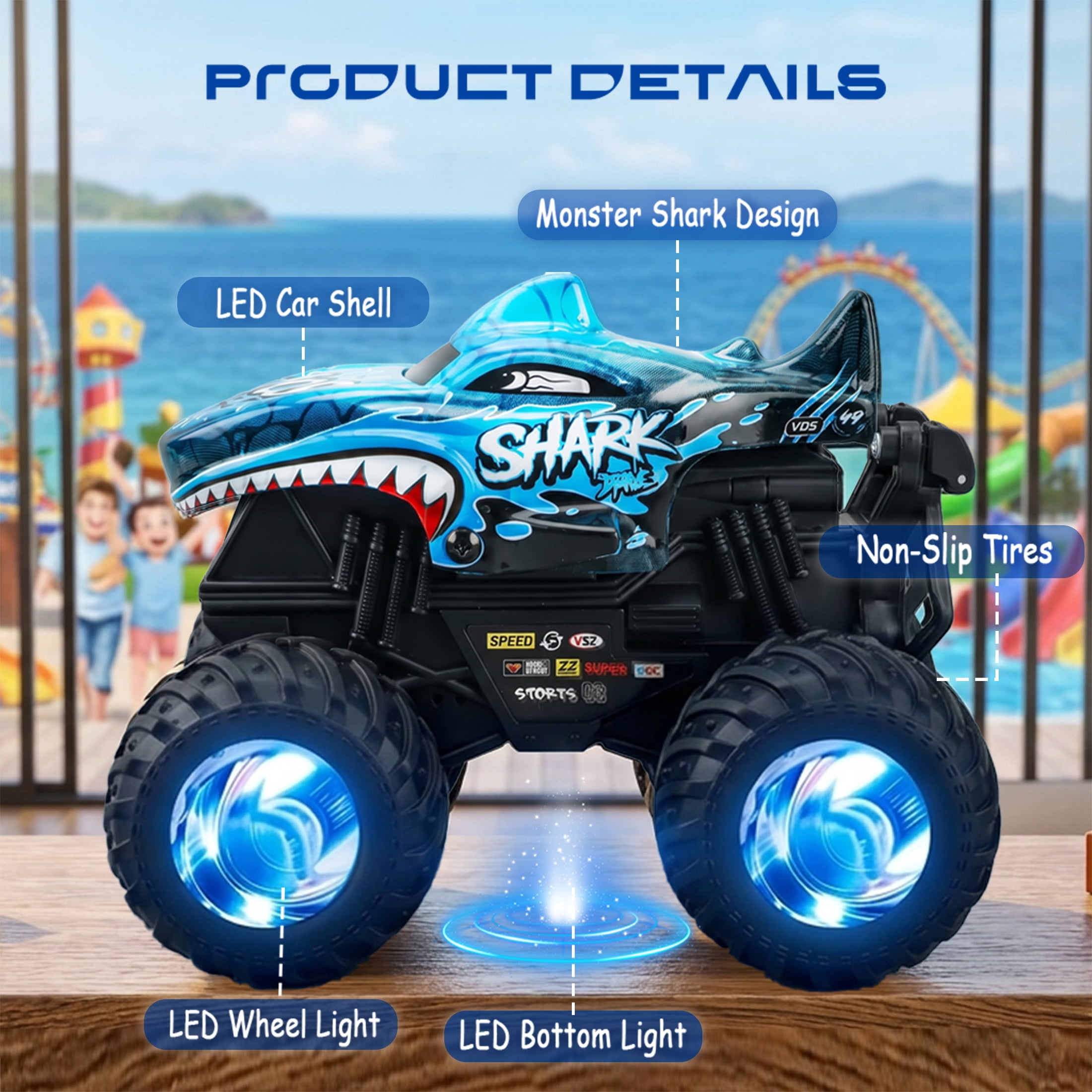 YCFUN RC Monster Truck Toy for Kids, 360° Spins RC Car with Music and LED Car Shell & Wheels for Boys Girls Ages 3+ (Blue)