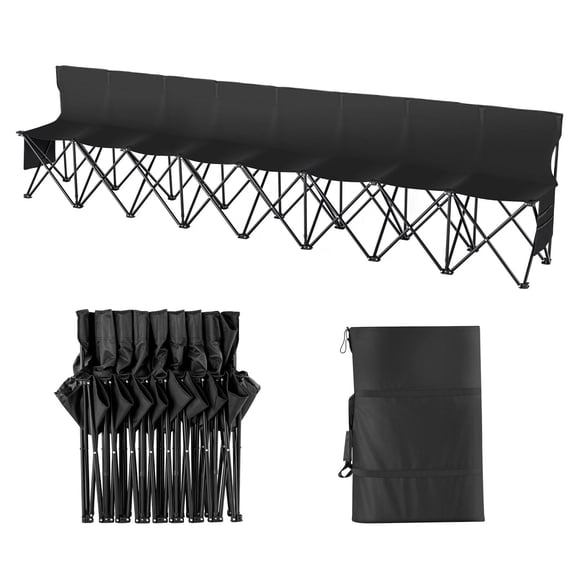 Black 8-Person Folding Bench - Portable Outdoor Seating for Sports, Camping & Events - Iron Frame, 600D Oxford Fabric, 124.6" L x 32.8" W x 17" H - Includes Carry Bag & Storage Pockets