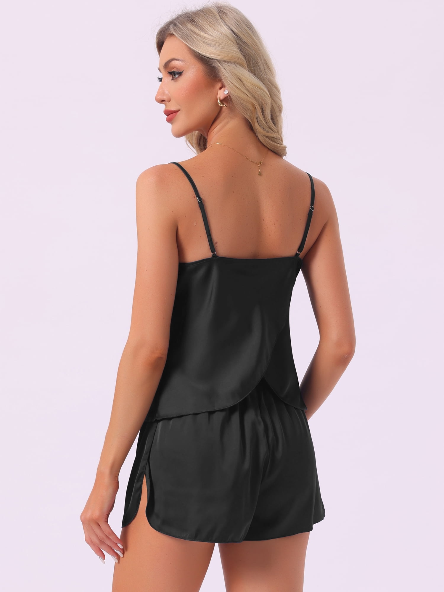 DARING DIVA Women's Satin Cami Pajama Set with Crisscross Back and Split Shorts L Black