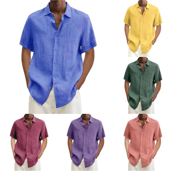 XAOFW Men's Summer Shirts Solid Color Short Sleeve Shirt With Double Pocket Turn Down Collar Button Shirts Stylish Tops L