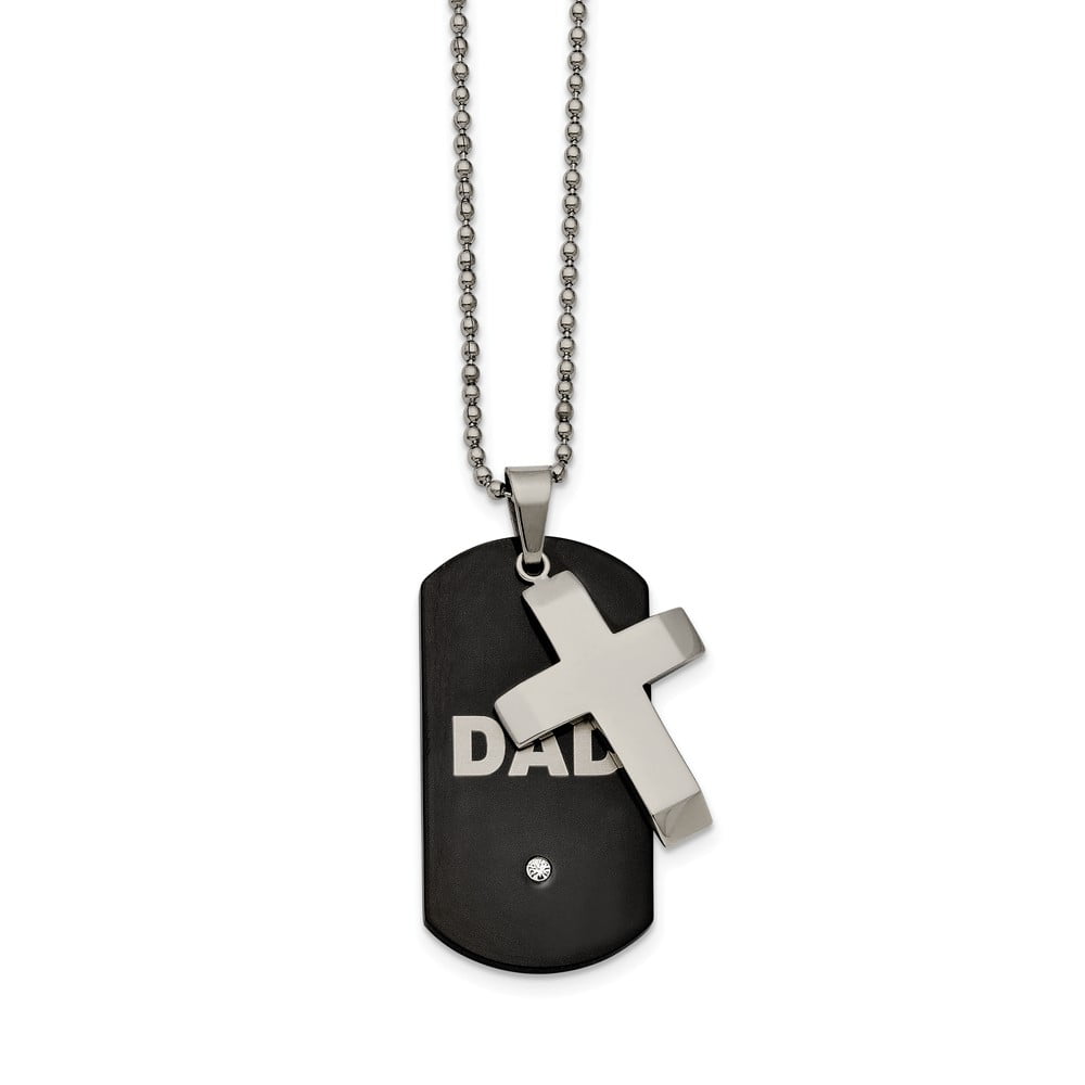 Stainless Steel Black IP-plated Dog Tag with CZ Cubic Zirconia Cross  Pendant Necklace Charm Chain - with Secure Lobster Lock Clasp 22