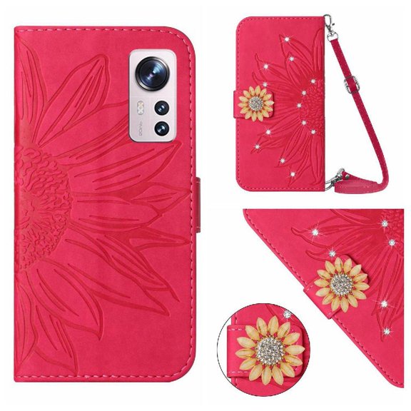 Case for Xiaomi 12/12X Phone Case Kickstand Protective Sunflower With Card Slot Stand Leather Wallet With A Long Lanyard