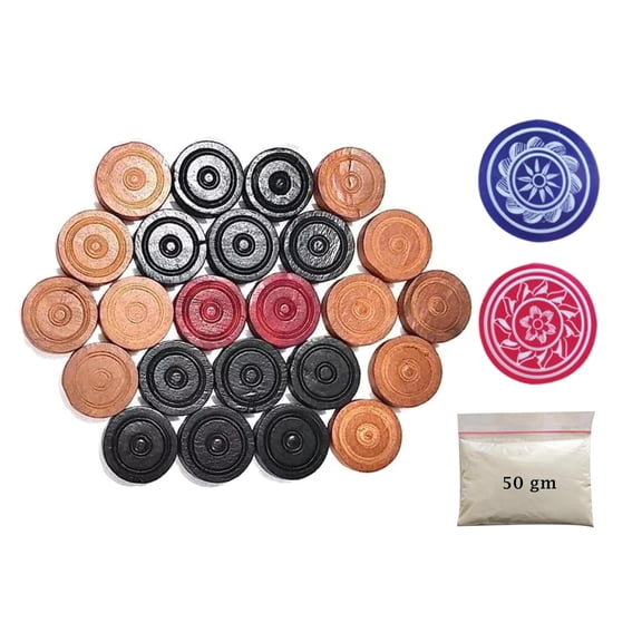 PosterPapaa Wooden Carrom Coins, Stricker and Carrom Powder