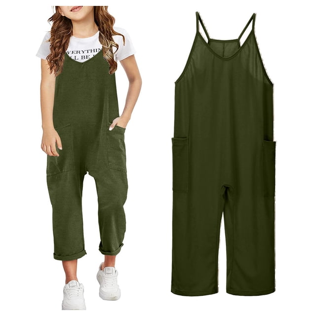 Teen Girls Jumpsuits Rompers Spaghetti Strap Rompers With Pockets Wide Leg Harem Pants Kids Jumpsuit For Girls 12-14