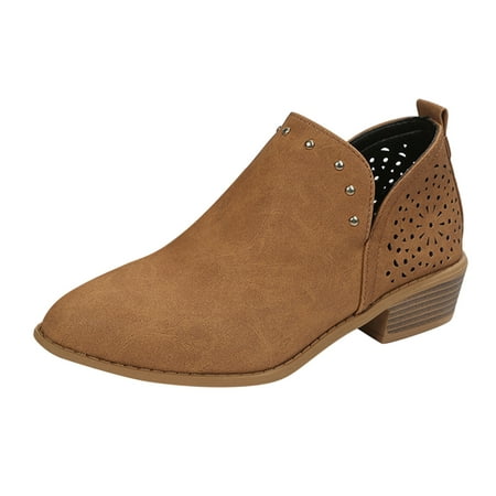 

Ankle Boots for Women Fashion Solid Color Hollow Carved Pointed Stud Low Heel Vintage Short Autumn and Winter and Warm Womens Ankle Boots