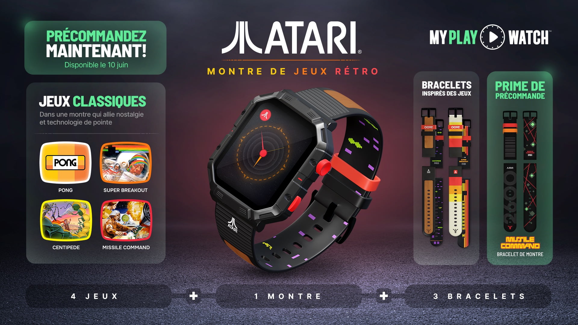 Atari 2600™ My Play Watch – Retro Gaming Smartwatch with Selective Tech, Non-Connected, Built-in Centipede™, Pong™, Missile Command™, Super Breakout™, Fitness Tracker