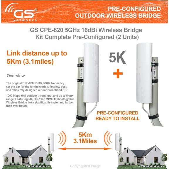 Wireless Bridge Point to Point Outdoor WiFi, Wireless Network Expansion Kit, Long Range High Speed 5G | 2 Units Bridge Kit Complete Pre-Configured - P2P 1000Mbps 5Km (2Pack)
