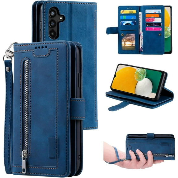 Wallet Case for Samsung Galaxy S24 5G, Retro 9 Card Holder Slots Zipper Pocket Handbag Case PU Leather Magnetic Closure Kickstand with Wrist Strap TPU Shockproof Flip Case - Blue