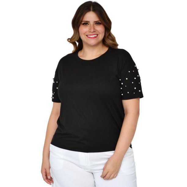 Playera con perlas (talla extra), modelo 3022-D (Negro) negro 40 Roman Fashion Blusa extra 3022-D