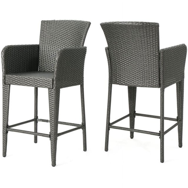 Noble House Anaya Outdoor 38" Wicker Barstool (Set of 2) Grey