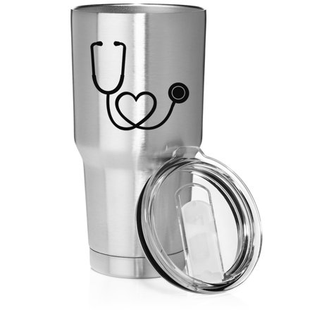 Smooth Body Tumbler Stainless Steel Vacuum Insulated Travel Mug Cup Gift Heart Stethoscope Nurse Doctor (Stainless Steel 30 oz)