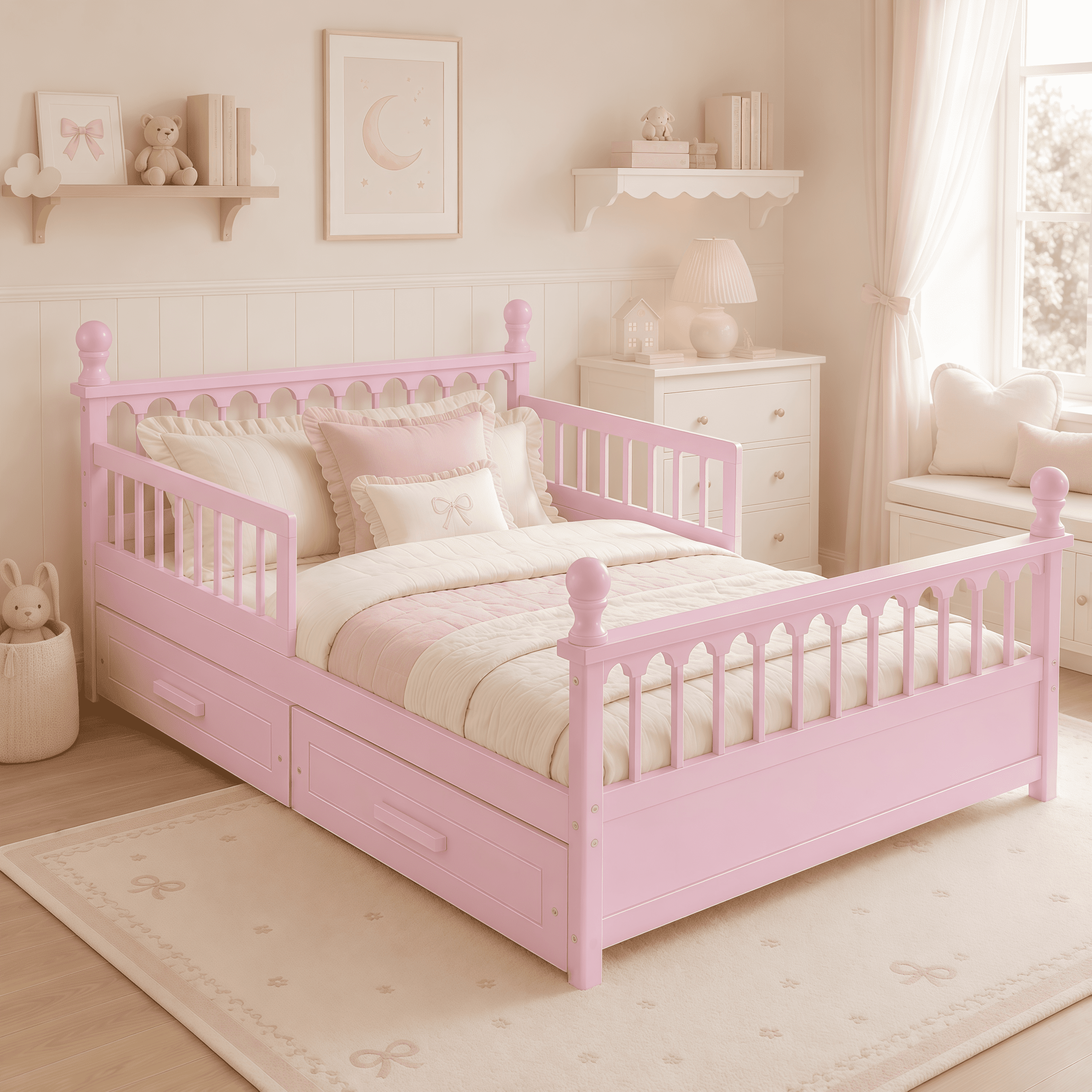 Euroco Wood Full Size Platform Bed with Drawers, Low Profile Kids Bed with Safety Guardrails, No Box Spring Needed, Pink
