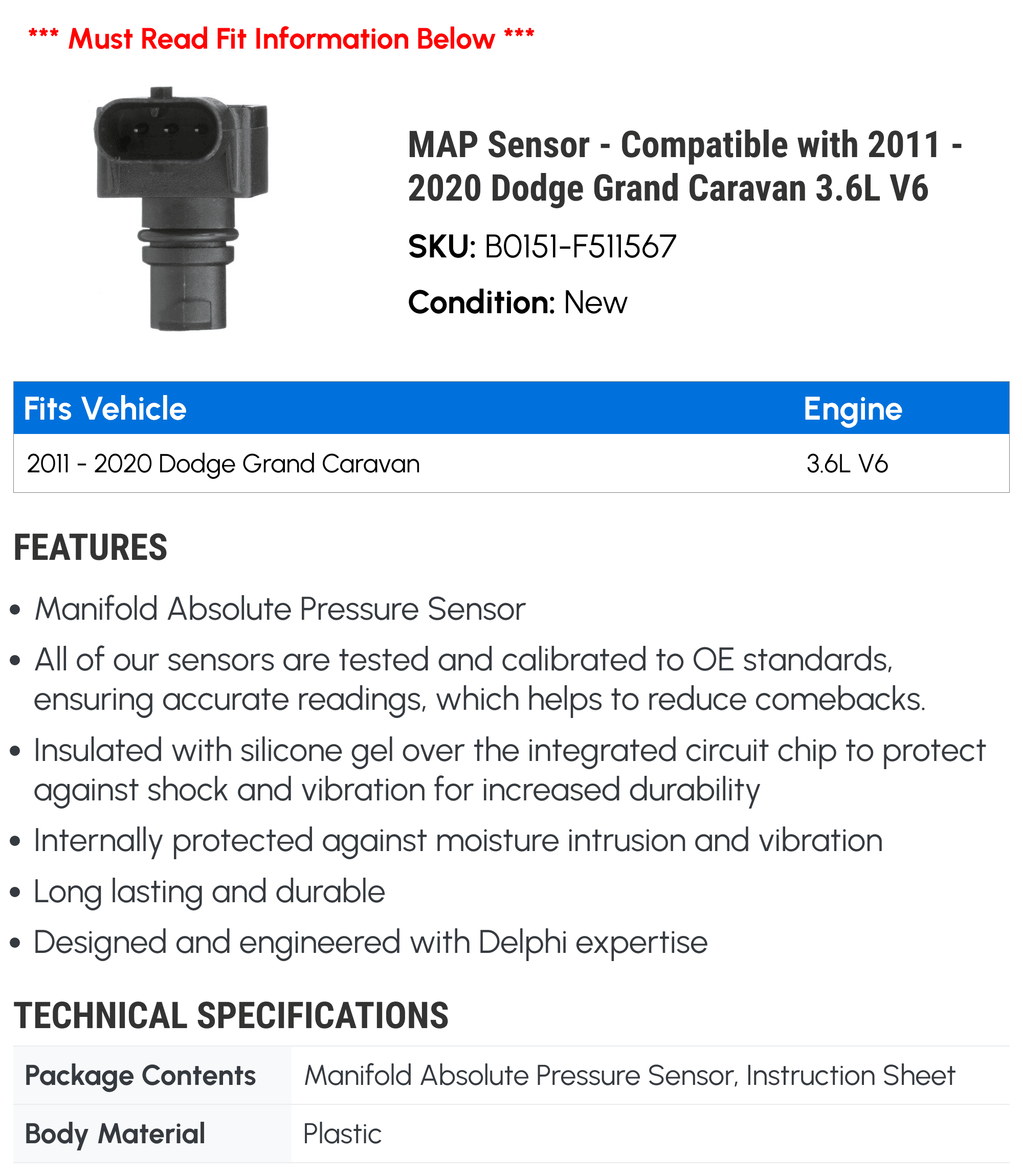 MAP Sensor - Compatible with 2011 - 2020 Dodge Grand Caravan 3.6L V6 2012 2013 2014 2015 2016 2017 2018 2019