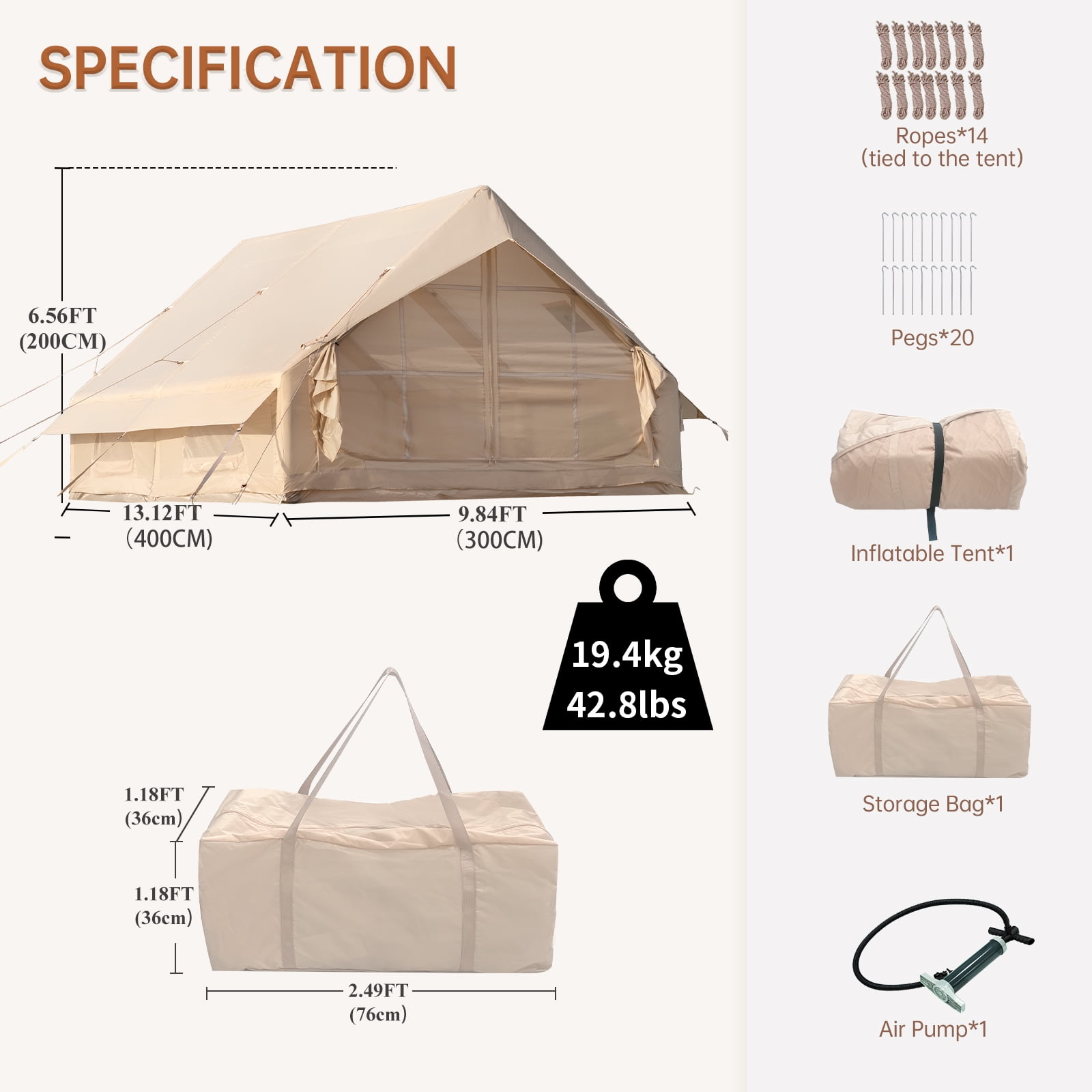 Waldmate Inflatable Camping Tent for 6-8 Person, Glamping Tent with Stove Jack Hand Pump, Oxford Waterproof Blow up Tent with Mesh Windows & Door