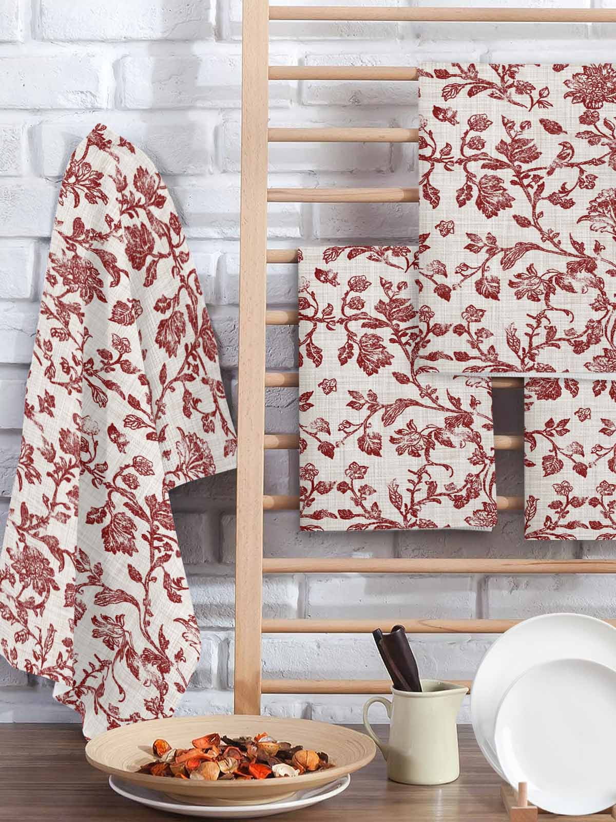 Farmhouse Red Hand Towels Set, Waffle Weave Kitchen Towels 2 Pieces, Vintage Flower Leaf Botanical Plant Microfiber Hair Face Bath Tea Towel Absorbent Quick Drying Cleaning Dish Cloths 15.7"x23.6"