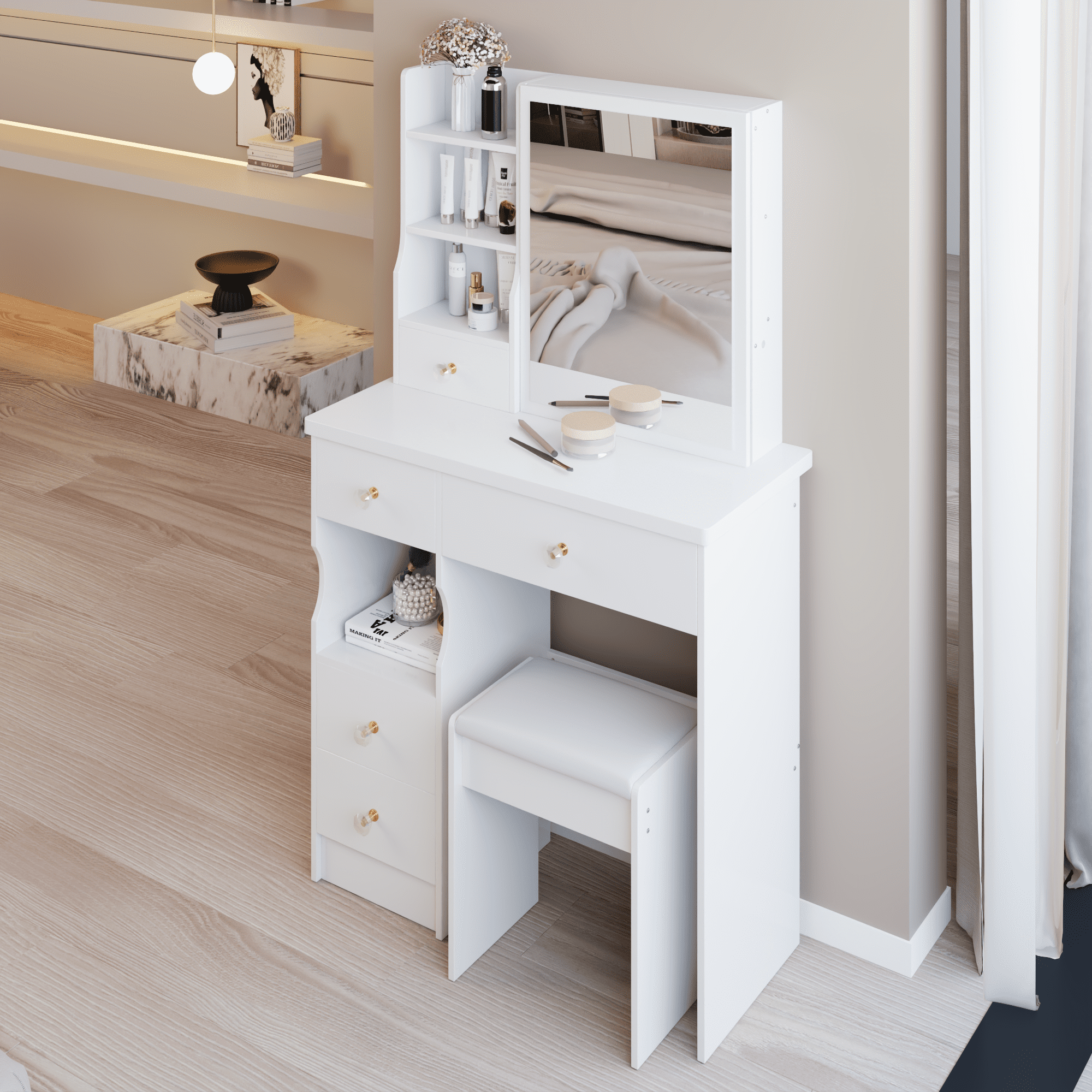 29.2" Small Space Left Drawer Desktop Vanity Table + Cushioned Stool, Extra Large Right sliding mirror, Multi Layer High Capacity Storage, Practical Fashionable Dresser
