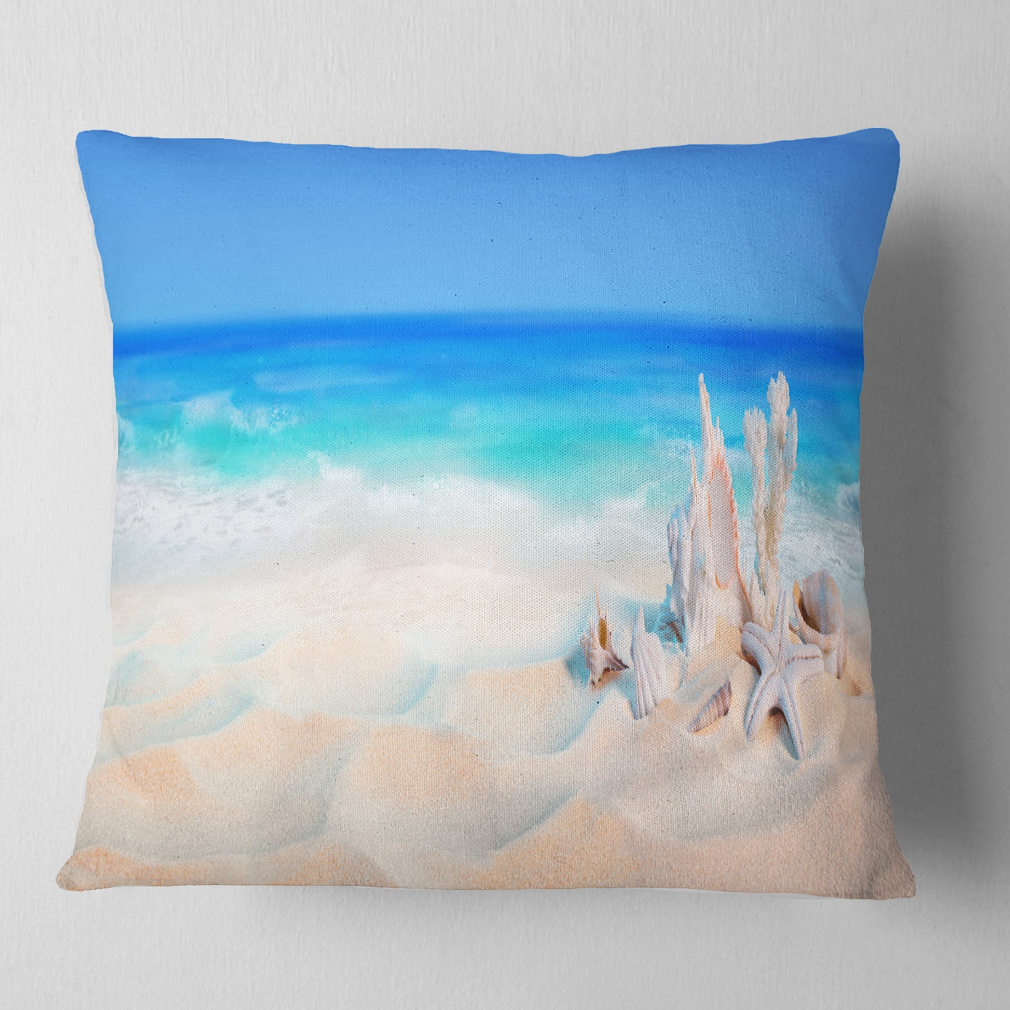 Designart Seashells on Seashore - Beach Photography Throw Pillow - 16x16