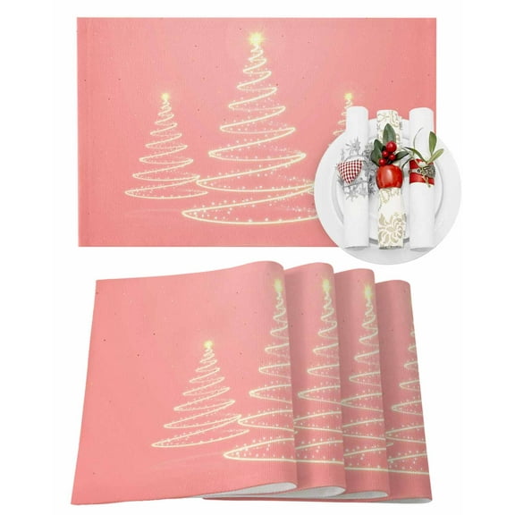 Christmas Placemats Set of 6, Golden Christmas Tree Place Mats Star Lights Pink Placemat Table Decoration for Kitchen Table Dinner Xmas Holiday Party Home Decor Indoor Outdoor 13x19 Inch