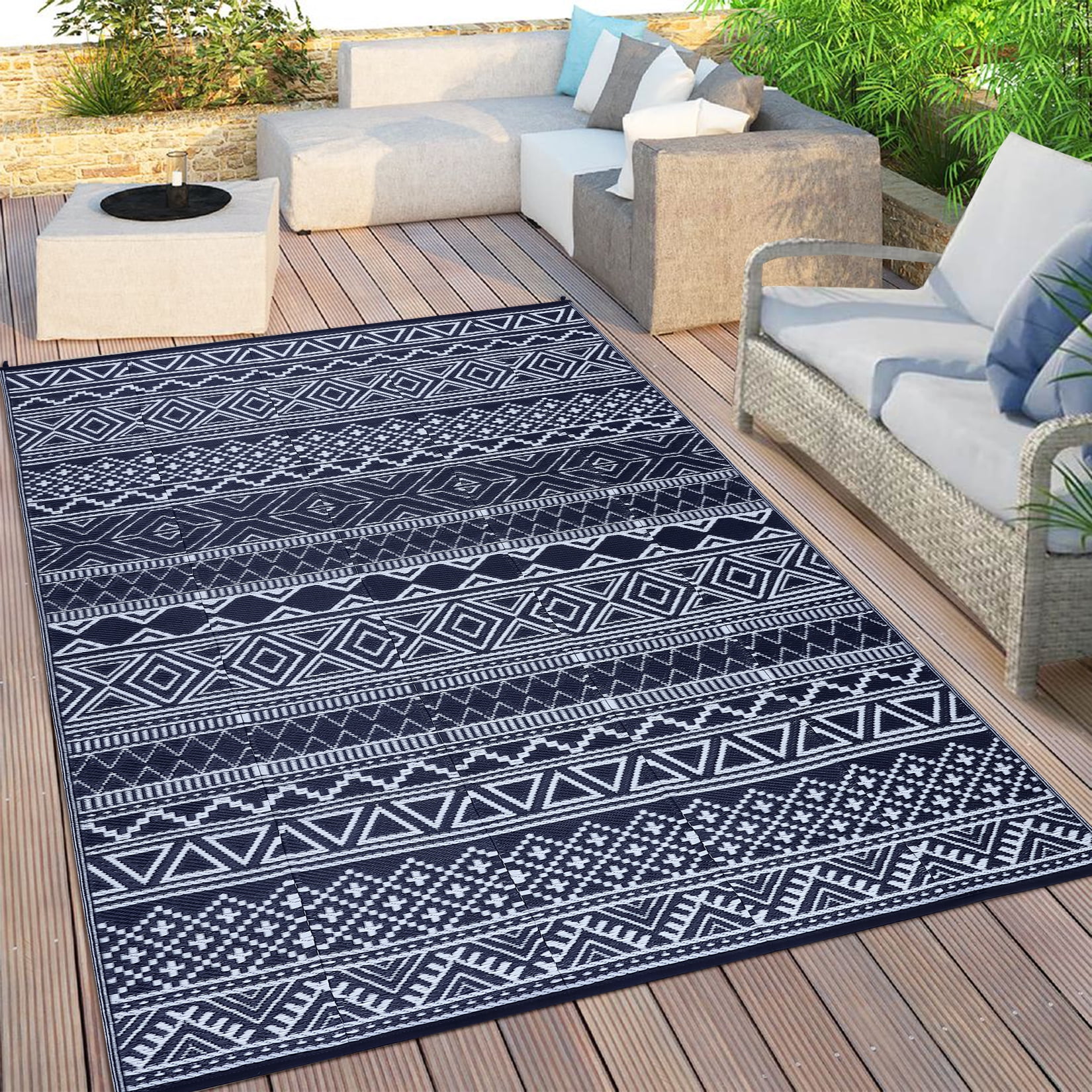 Garvee 9'x18' Plastic Outdoor Rugs, Bohemia Waterproof Straw Rug Reversible Indoor Outdoor Carpet for Patio RV Deck Porch Backyard Balcony Camping Picnic Beach, Dark Blue & White