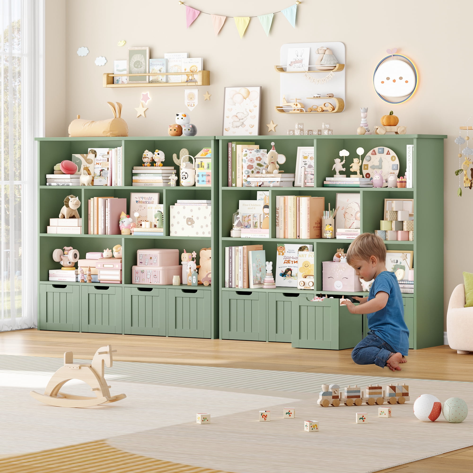 Homfa 7 Cube Toy Storage Organizer, Kids Geometric Bookcase and Bookshelf with 4 Drawers, Green