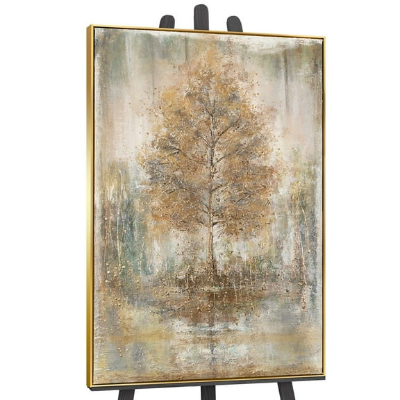YS-Art Secrets of The Forest Large Textured Canvas Wall Art with Gold Frame, Hand-Painted Painting for Home Decor, 48x32 in