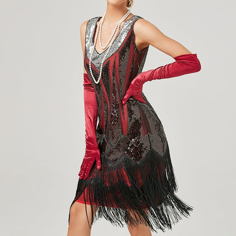 Jdlsppl Women's Flapper Dress Midi Fringe Tassel Glitter Silver Sparkle  Rhinestone Beaded Swing Roaring 20s Gatsby Short Sequin Masquerade Dresses  Red X-Large - Walmart.com