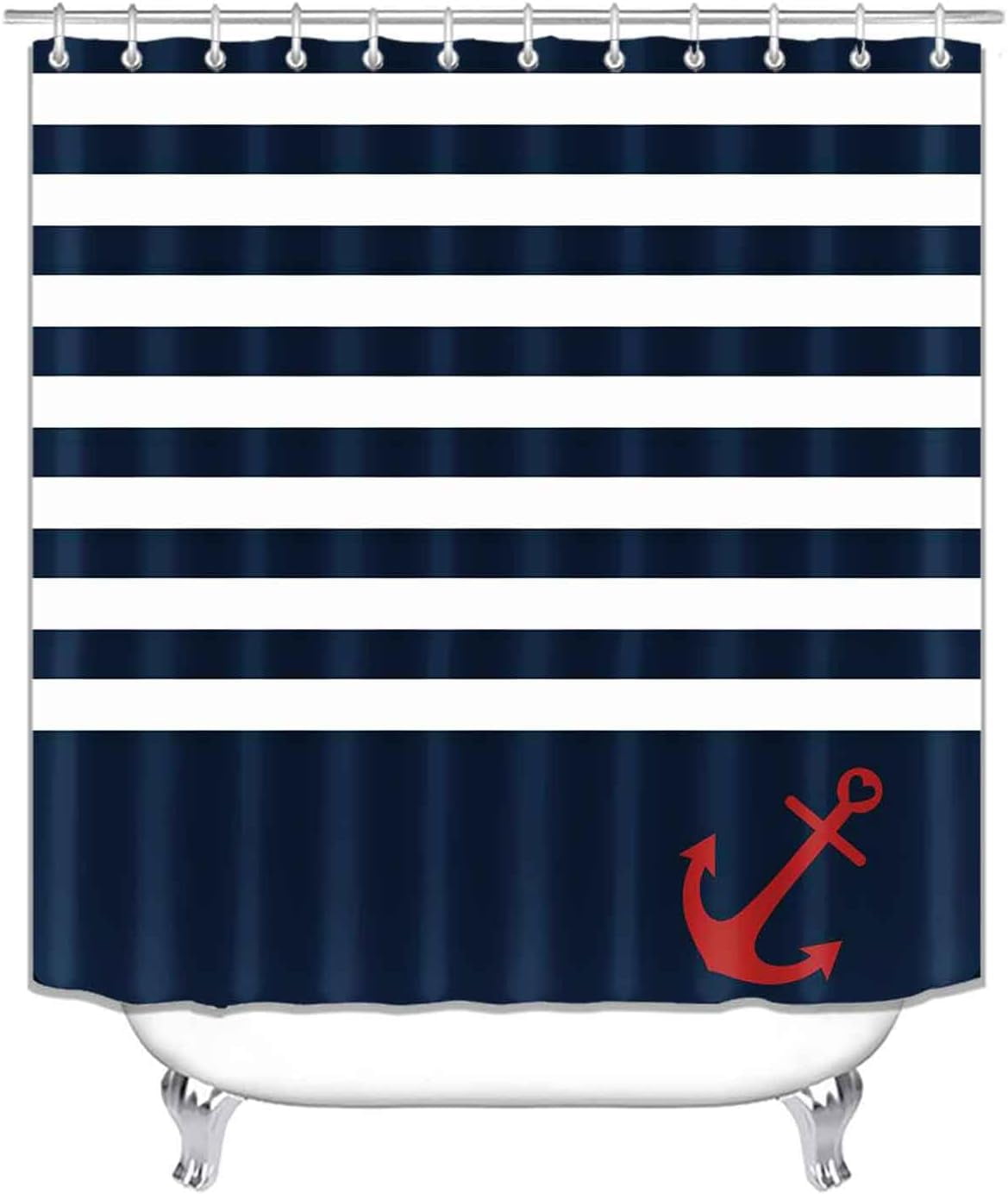 4PCS Red Anchor Nautical Shower Curtain Set, Waterproof Fabric Shower Curtain, Non-Slip Bath Mat Bathroom Rugs White Navy Blue Quatrefoil Stripes Abstract Geometric Ocean Anchor Bathroom Decor