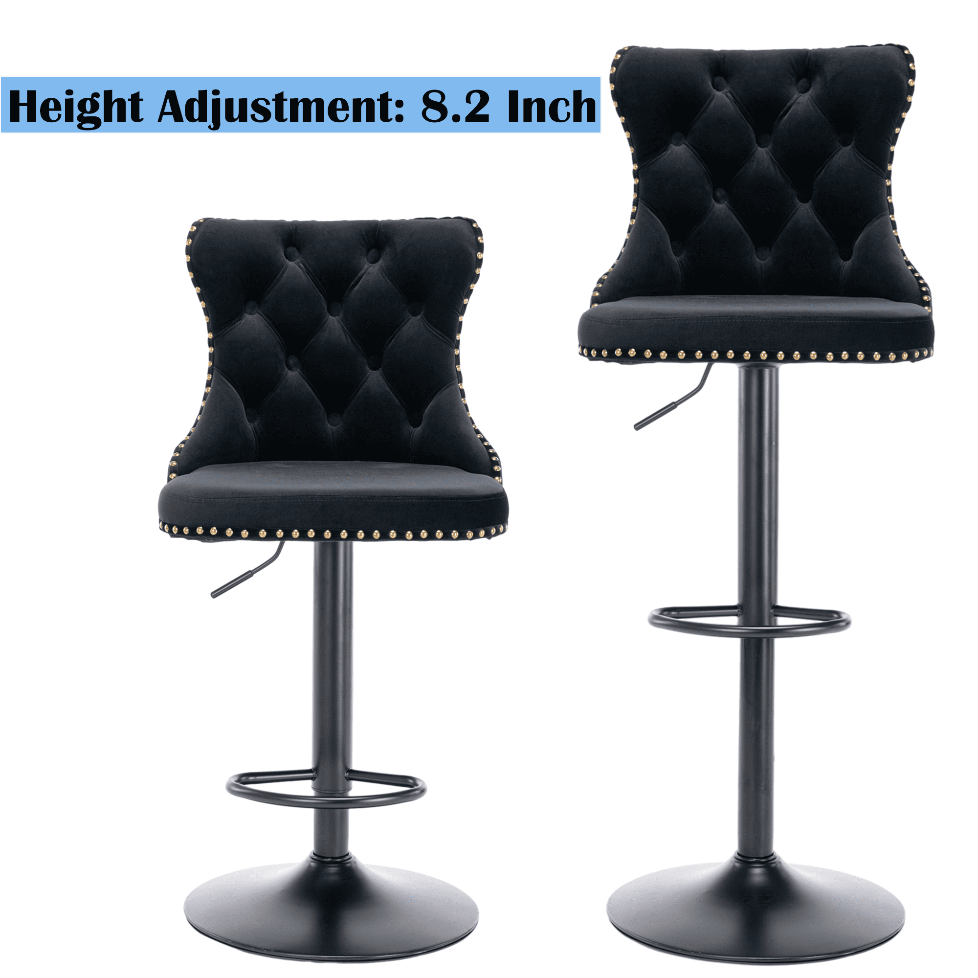 Counter Height Bar Stools from 25-33 Inch, Swivel Barstools with High Back, Button Tufted and Nailheads Trim, Velvet Upholstered Bar Chairs for Kitchen Dining Room (Black with Black Base,Set of 6)