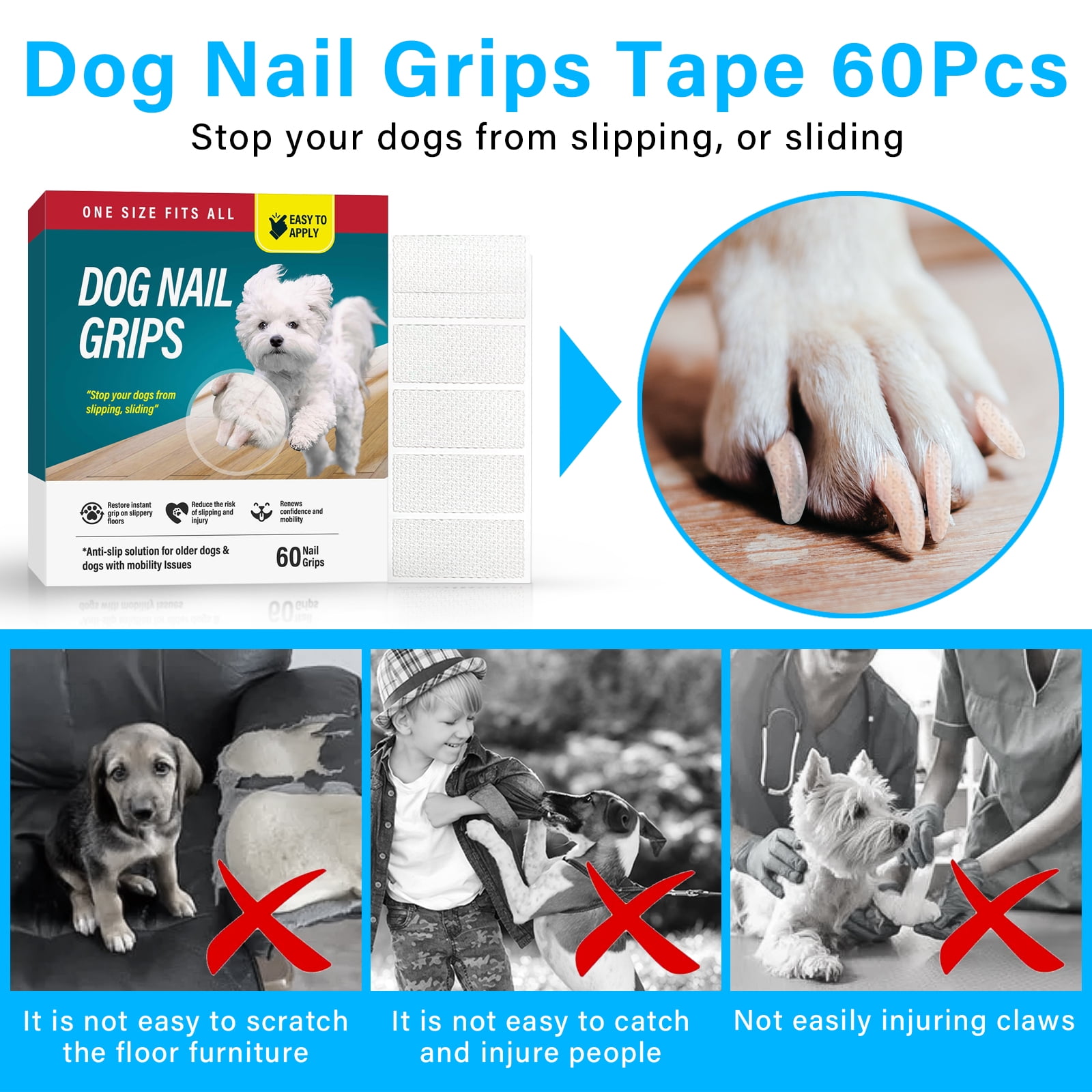 Dog Toe Grips, Dog Nail Grips, Secure Traction for Indoor & Outdoor Surfaces, 60pcs