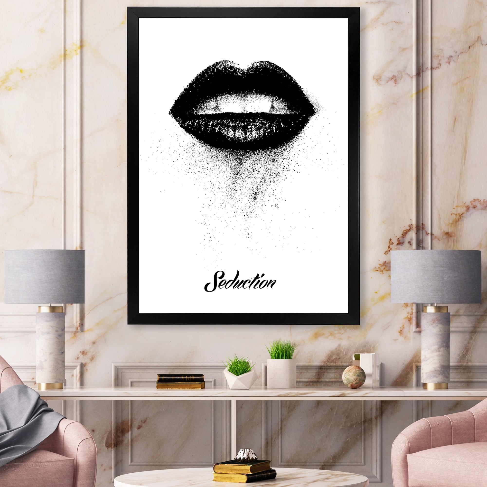Designart 'Monochrome Black Female Lips' Modern Framed Art Print