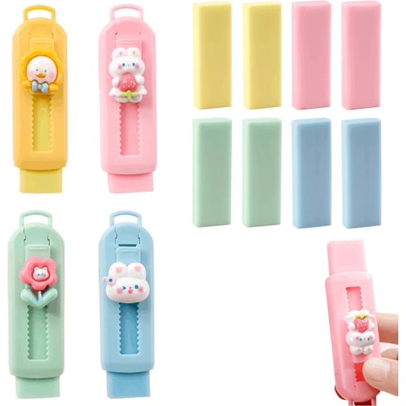 BetterJonny Sliding Retractable Eraser, 4 Color Push Pull Erasers and 8 Refills, Animal Erasers for Pencils Drawing(B)