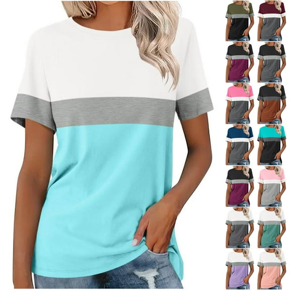 Otntypg Fashion Women’s T Shirts Plus Size Short Sleeve Striped Color Block Tops Casual Summer Basic Oversized Crewneck Graphic Tunic Tees Blouse Wine L