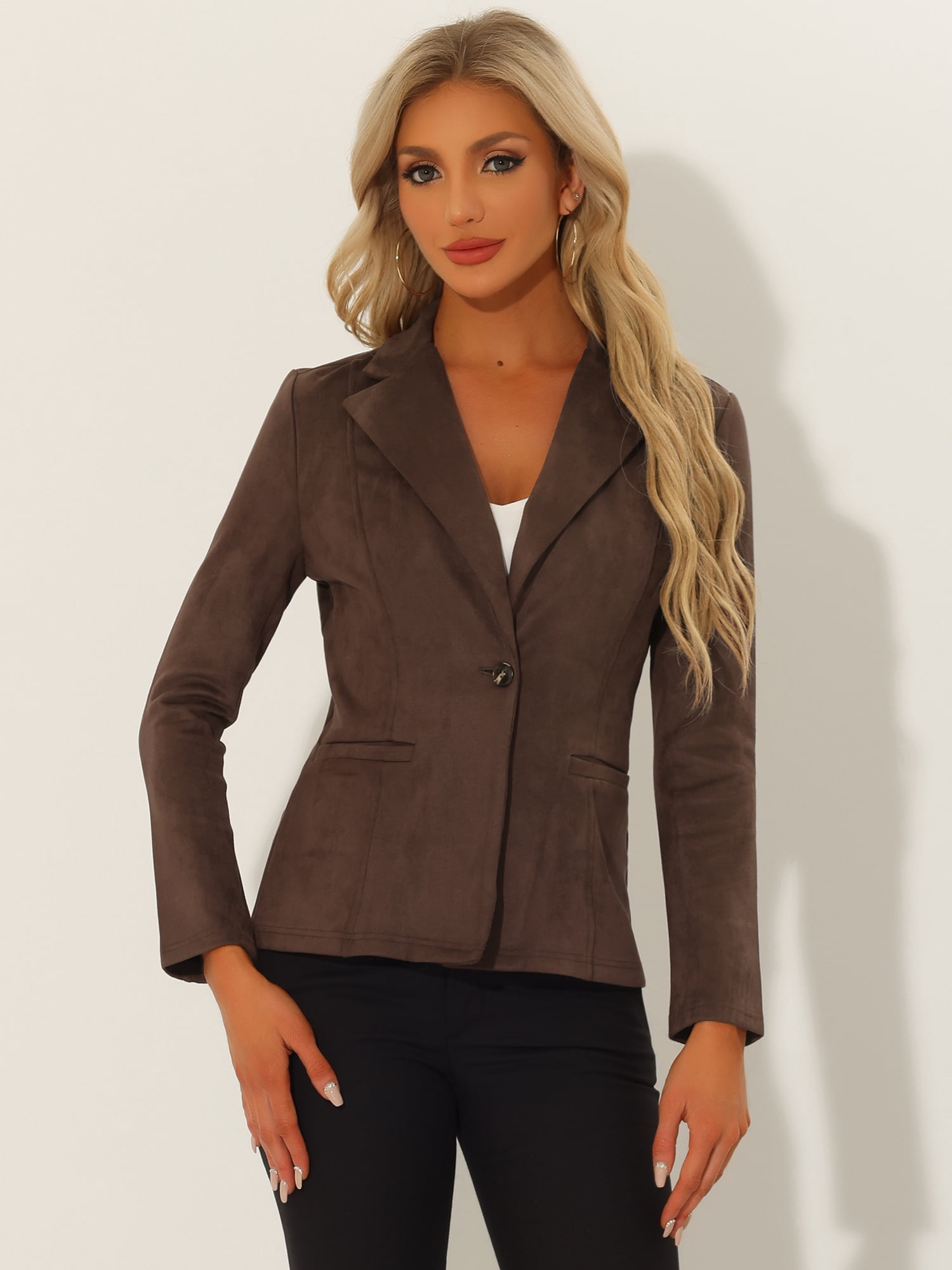 DARING DIVA Women's Faux Suede Lapel Collar Long Sleeve Work Jacket XS Coffee