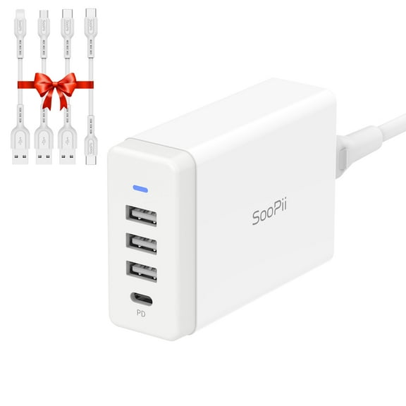 SOOPII 40W USB Charging Station,4 Port USB Charger Station with One Port PD/PPS 25W for Multiple Devices,4 Mixed Charging Cables Included,Compatible with lPhone,lPad,Samsung Galaxy,Note,LG,HTC.