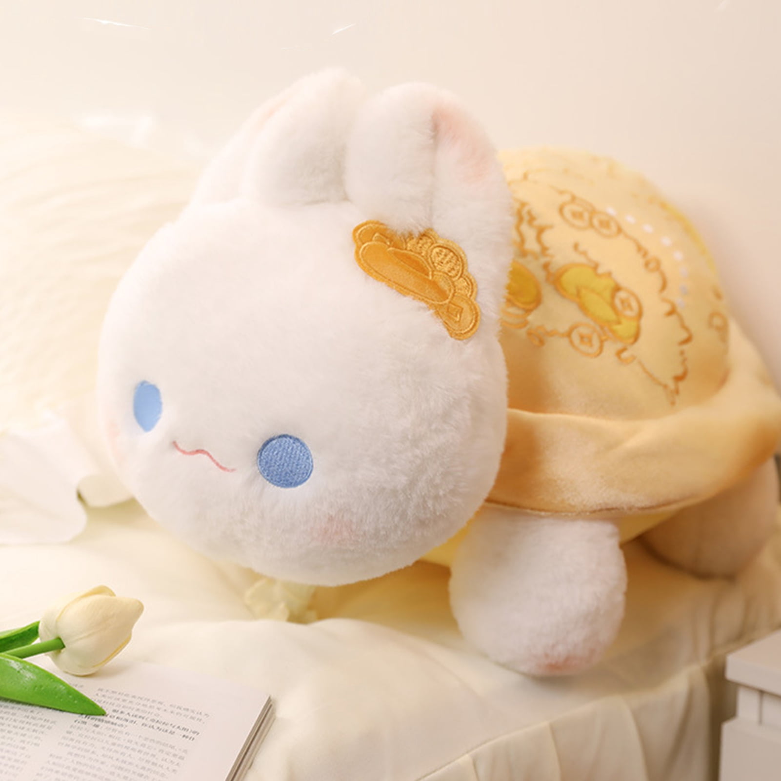 D-GROEE Soft Rabbit Plush Toy Rabbit Plush Toy with Shell Rose Golden Coins Pink Flower Soft Fuzzy Stuffed Plushie Home Decoration Girlfriend Valentine's Day