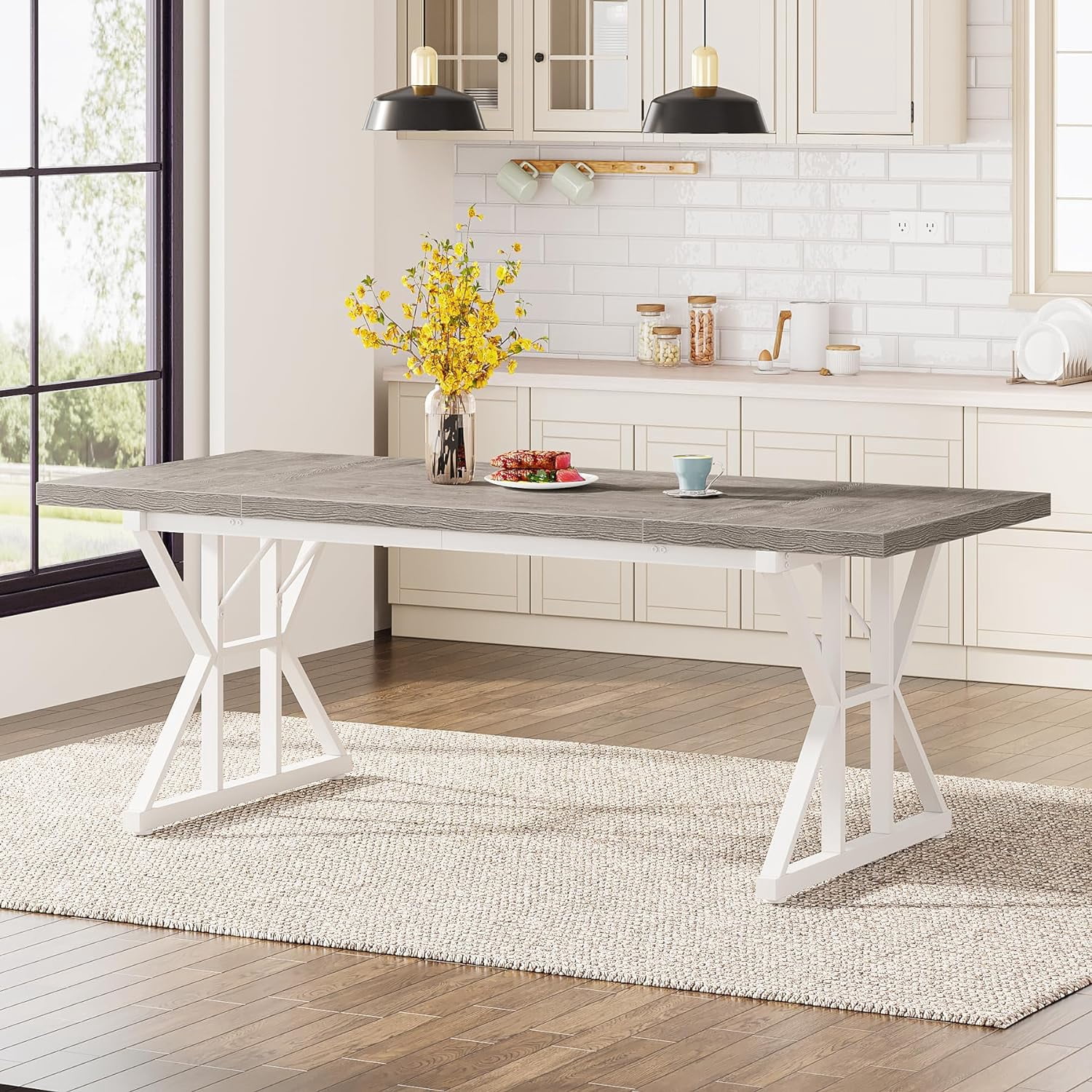 Finmind Farmhouse Dining Table for 6, 71" Rectangular Wood Kitchen Table for Dining Room, Kitchen(Grey/White)