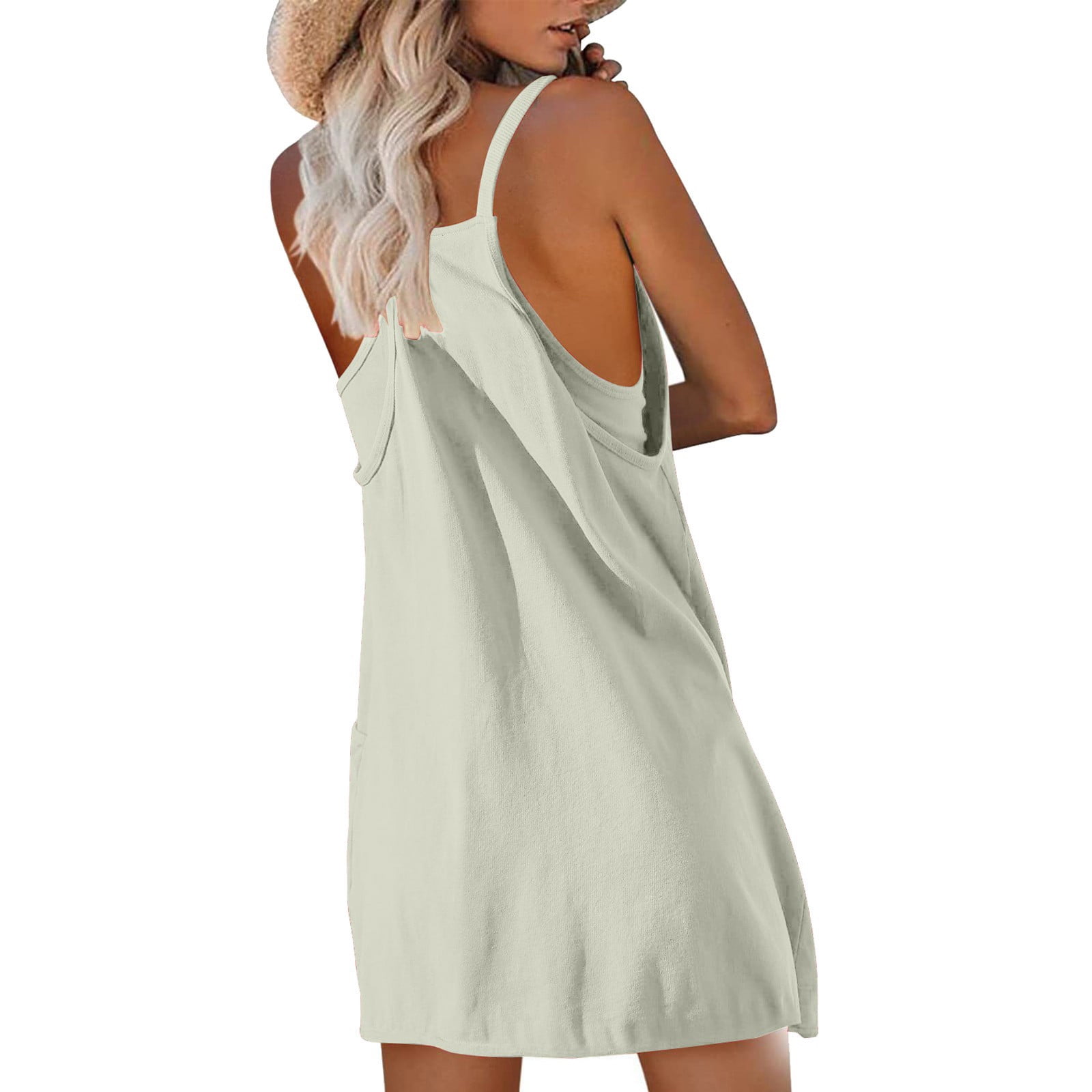 Dress for Women Mini Dress Sleeveless Onesie Casual Loose Fit Romper Built-in Shorts Summer Beach Jumpsuits with Pockets