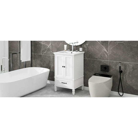 20 Inch Bathroom Vanity with Ceramic Sink, Two Door Storage Cabinet with Adjustable Feet, Magnetic Door Stopper and Drawer, White Finish for Modern Bathrooms