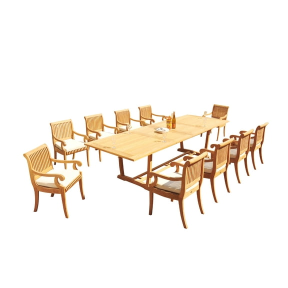 Grade-A Teak Dining Set: 10 Seater 11 Pc: 118" Mas Rectangle Trestle Leg Table And 10 Giva Arm Chairs Outdoor Patio WholesaleTeak #51GV2511