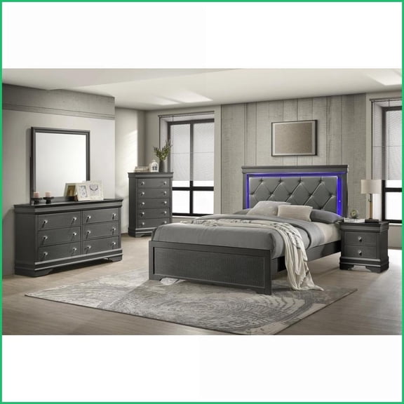 Bedroom Furniture Set 5-Piece Twin with LED Upholstered Headboard Wood Metallic Gray | Wood | Standard Beds