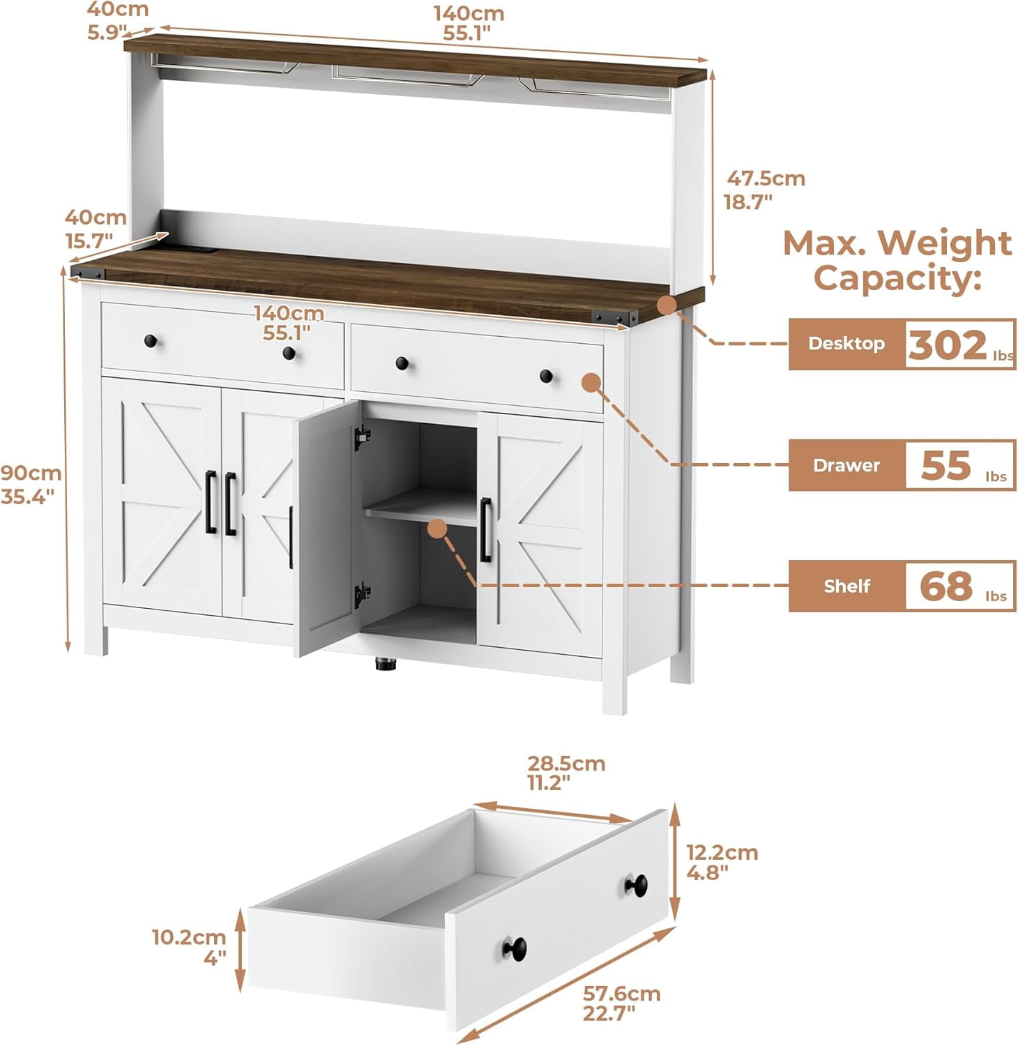HAUXITIO Storage Cabinet Buffet with Drawers and Charging Station,Coffee Bar Cabinet Sideboard with Barn Doors,Wine Rack and Hooks,White1