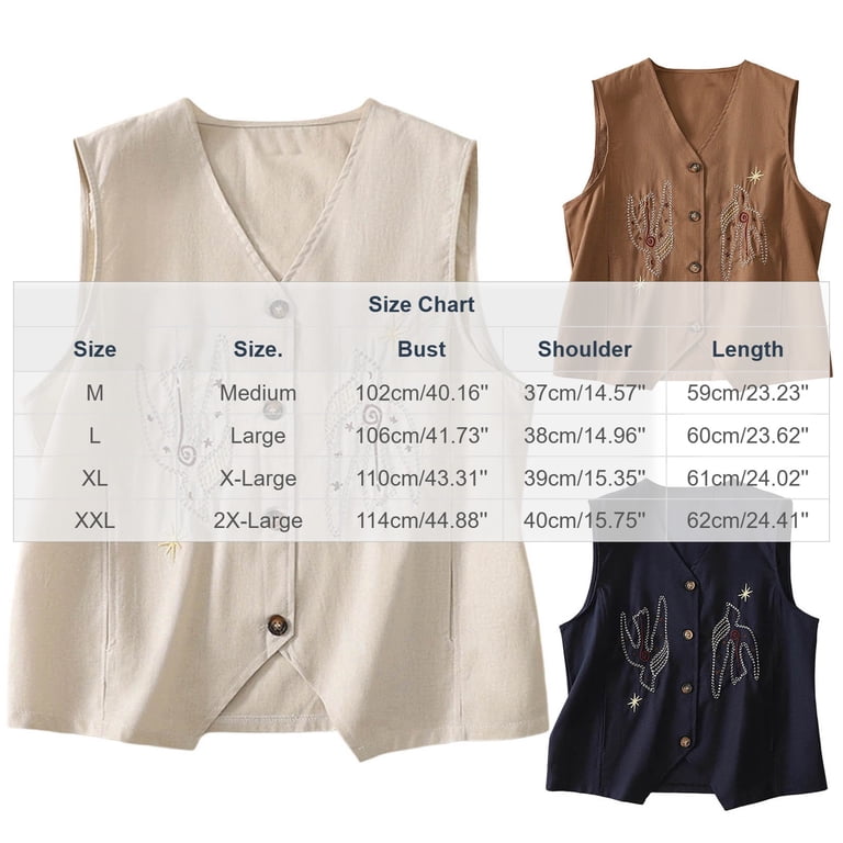 Womens Linen Vest Tops Sleeveless V Neck Embroidered Button Pocket
