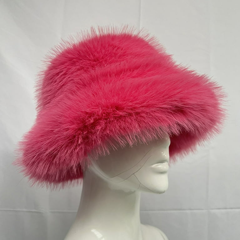 Bright Pink Faux Fur Bucket Hat, Accessories